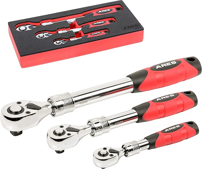 ARES 42055-3-Piece 72-Tooth Extendable Ratchet Set - Chrome Vanadium Steel - Mirror Polish Chrome Finish - Comfort Grip Injection Handle - Quick Release Socket Change - 72-Tooth Reversible Design