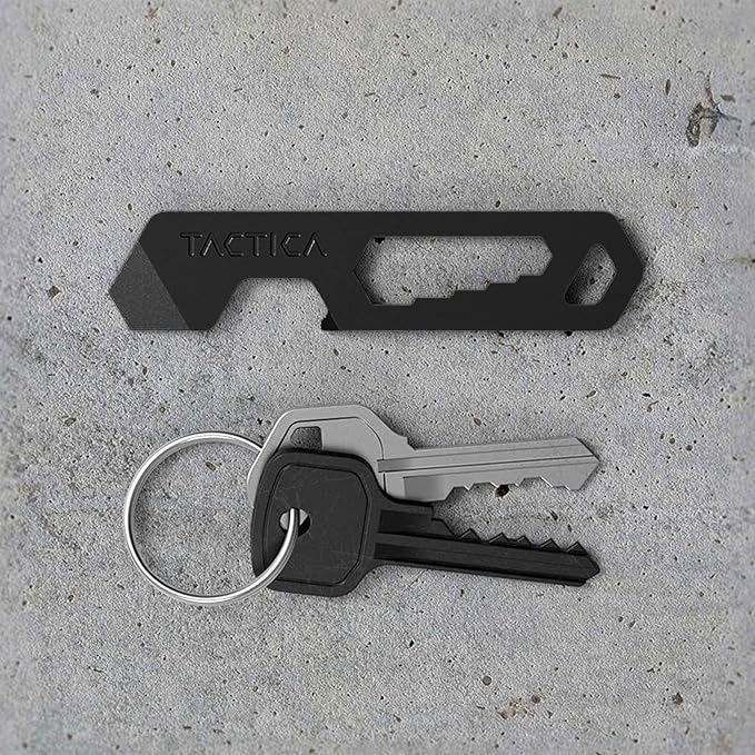 TACTICA M.005 Micro Tool, 6-in-1 Stainless Steel EDC Pry Bar Multitool Keychain, Wrench, Screwdriver and Keychain Bottle Opener, Ultralight Every Day Carry (Black)