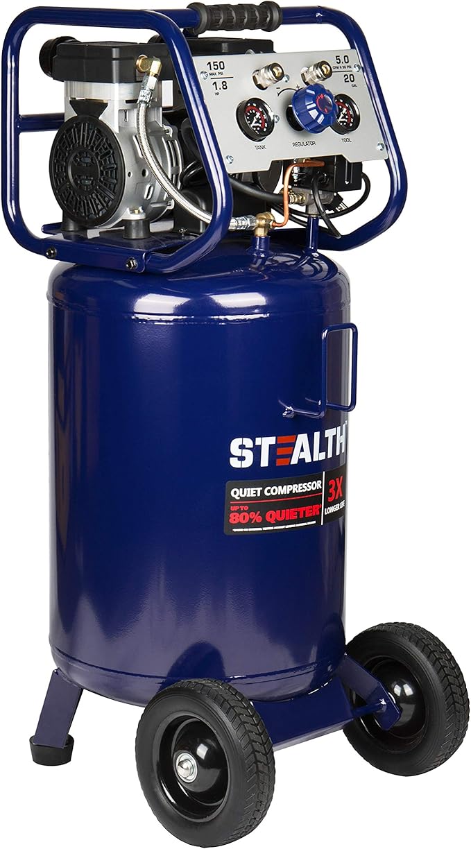 Stealth 20 Gallon Ultra Quiet Air Compressor,1.8 HP Oil-Free Peak 150 PSI 68 Decibel, 5.5 CFM @ 40 PSI 5 CFM @ 90 PSI Silent Long Life Electric Air Compressor W/Wheel for Garage
