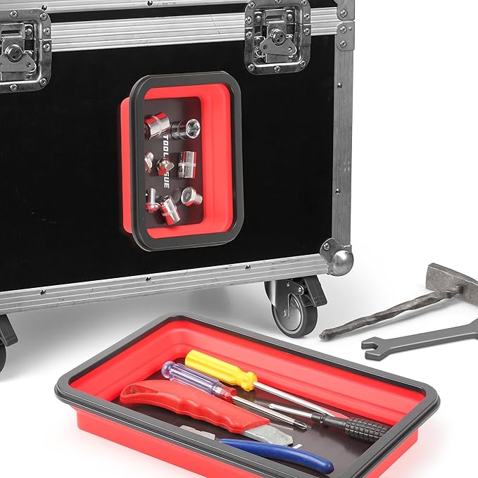 TOOLEAGUE 3Pcs Collapsible Magnetic Parts Tray Set with 15Lb Magnetic Pickup Pen,3 Different Size Silicone Foldable Tool for Organizing Screw Bolts Nuts Washers Pins and Other Small Metal Parts