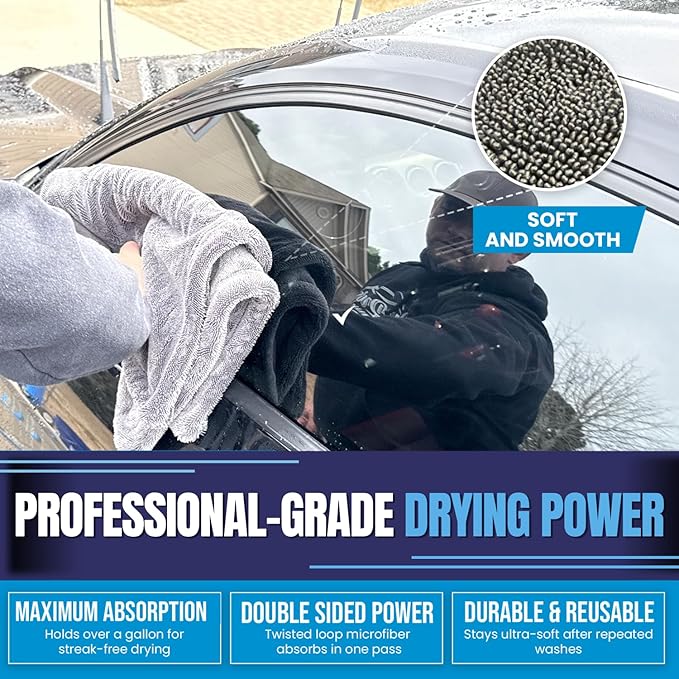 Car Drying Towels Extra Large Super Absorbent - Professional Grade 1400 GSM 24"x36" Microfiber Twisted Loop Design Is The Perfect Choice When You Want A Safe Scratch Free And Streak Free Finish