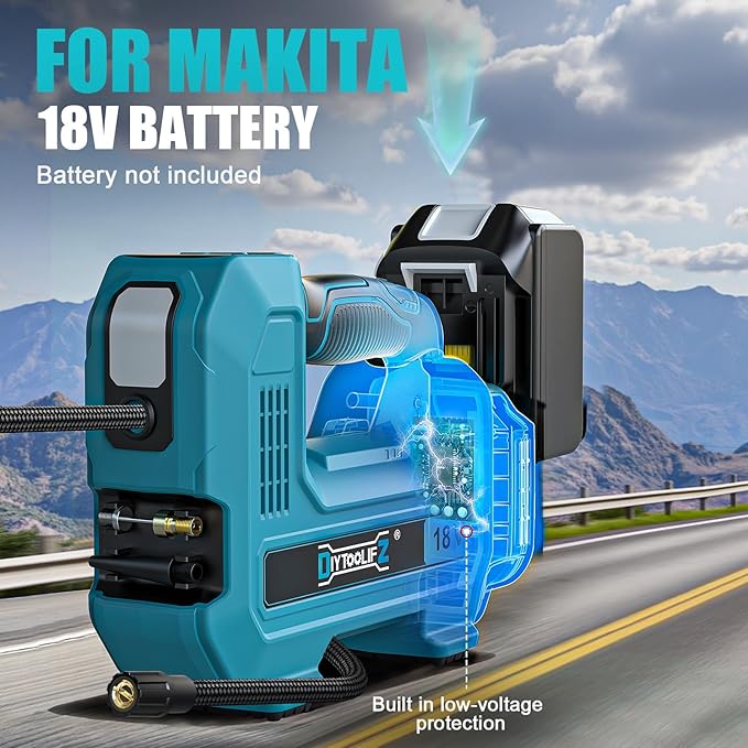 DIYtoolifz 160PSI Cordless Tire Inflator Compatible with Makita 18V Air Compressor, Portable Air Pump Automatic Shut Off, LED Light, Digital Pressure Gauge for Cars Motorcycles Bike Ball (Bare Tool)