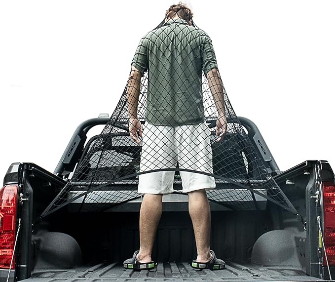 Cargo Net for Pickup Truck Bed, Trucks Cargo Net Mesh Organizer, 4'x4' Stretch to 7'x7' Highly Elastic Truck Bed Net for Camping, Trip Luggage, Compatible with Trailer, Ford, Chevrolet, Dodge