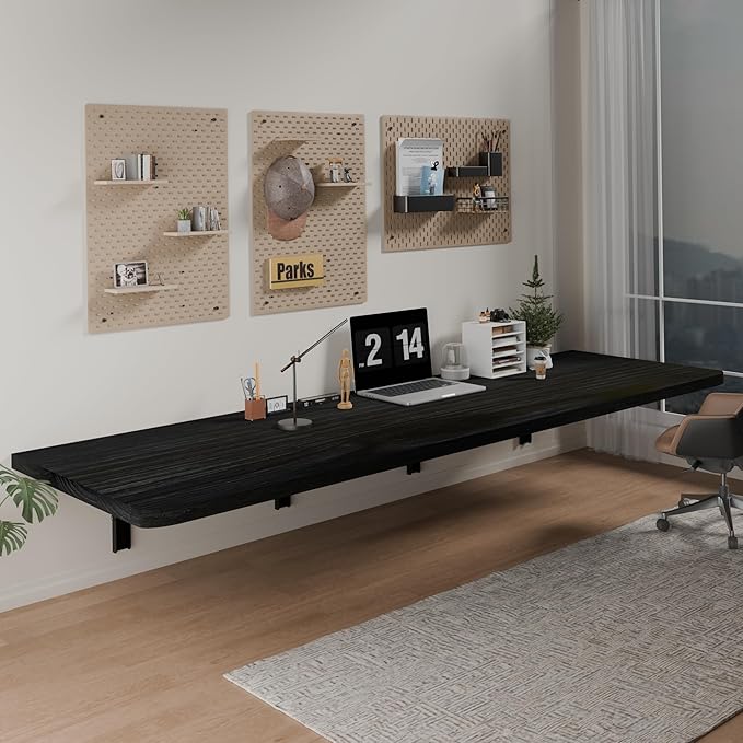 IAE Floating Wall Mounted Folding Table Desk with Pine Wood,72" x 22" Foldable Workbench,Fold Down Wall Mounted Foldable Desk with Shelf Brackets,Laundry Folding Table for Home,Dining,Kitchen,Black