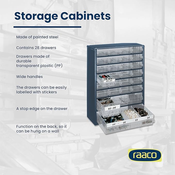 Raaco Steel Storage Cabinet, Standard 28-Drawer, Clear Polypropylene Plastic Drawer – Small Parts Organizer, Screws, Nuts & Bolts, Crafts & Hardware – Tool Cabinet for Workbench & Wall Storage (C9-28)