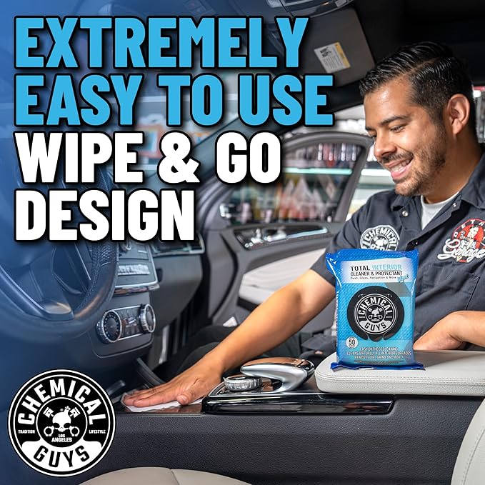 Chemical Guys Total Interior Cleaner & Protectant Wipes – 50 Pack Multi Surface Car Interior Cleaning Wipes for Dashboards, Doors and Seats – Safe for Trucks, SUVs, RVs and Home Use