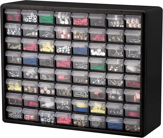 Akro-Mils 64-Drawer Plastic Storage Cabinet, 20-Inch W x 6-Inch D x 16-Inch H | Black | Model 10164 | Garage Organization