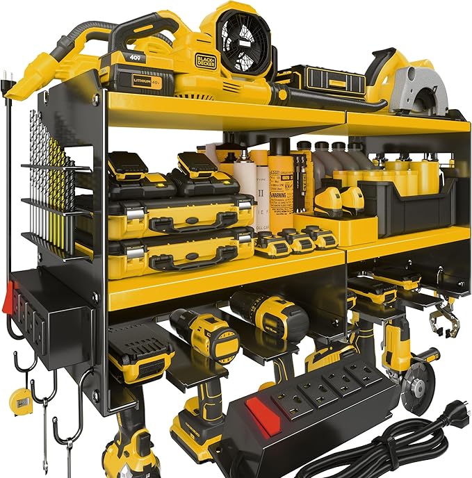 Spampur Large Power Tool Organizer Wall Mount with Charging Station, 3 Layer Heavy Duty Metal Tool Storage Rack Loads 420lbs with 6 Cordless Drill Holder, Utility Rack Loads with 4 Power Strip