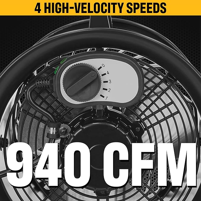 Caterpillar® fan (HVD-9AC) 9”-Blade High-Velocity Drum Fan (Black, 2-in-1): 940 CFM, 4-Speed, 360° Pivoting Head, Dual Ball Bearing Motor with Die-Cast Cover