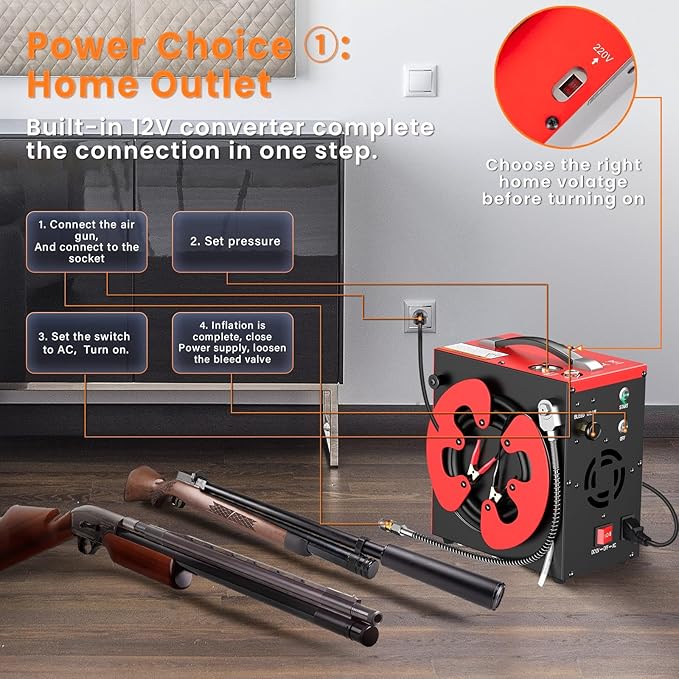 GX PUMP GX-E-CS3-I Portable PCP Air Compressor, Built-in Home Converter, Auto-Stop, Oil-Free, Built-in Water-Oil Separator Filter, Powered by 12V DC or Home 110V AC, 4500Psi/30Mpa