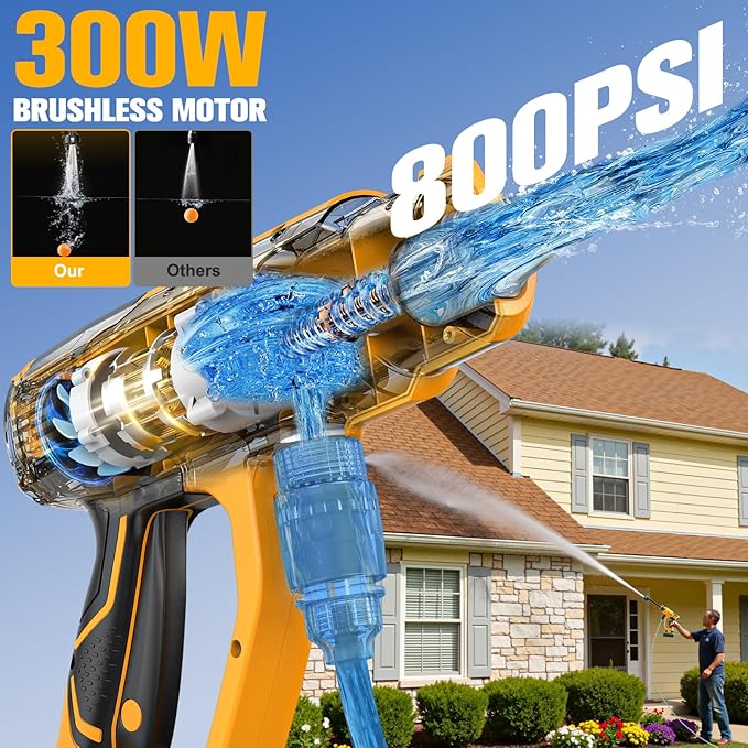 Cordless Pressure Washer Compatible with DeWalt 20V Battery, 800PSI Ultra-Light 2.2LBS with Brushless Motor, 16.4ft Hose & 6-in-1 Nozzle + Foam Cannon for Car, Patio, Fence (Tool Only)