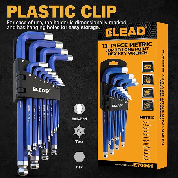 ELEAD Jumbo Hex Key Allen Wrench Set | 13-Piece Metric 2-19mm | Long Ball End Durable S2 | 4" - 13.5" Long | Automotive | Mechanic | Furniture | Professional Grade Tools