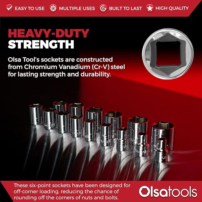 Olsa Tools SAE Shallow Socket Set - 1/2-Inch Drive, 18pc - 6-Point Chrome Sockets 3/8" to 1-1/4" and No Skipped Sizes - Mechanic Shallow SAE Socket Set - Professional Grade Sockets - Part: 1324