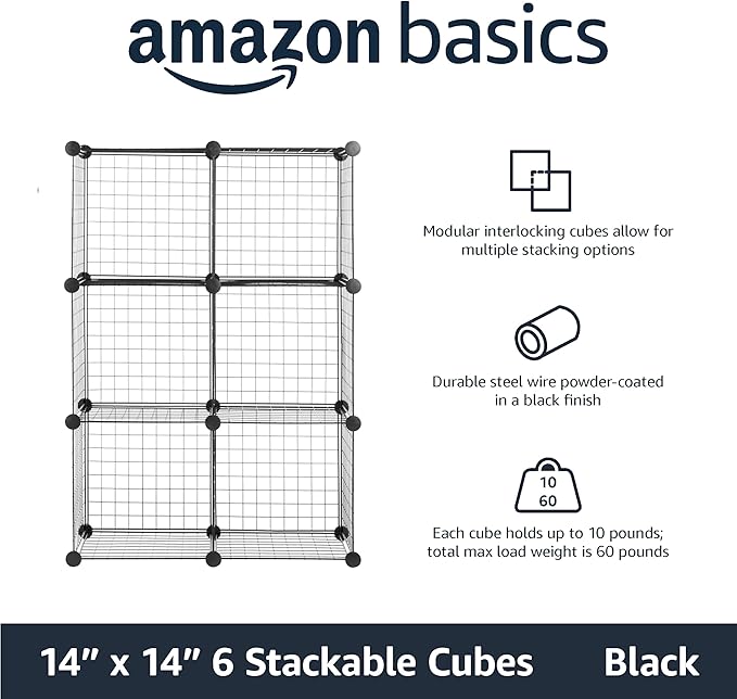 Amazon Basics 6 Cube Wire Grid Storage Organizer, Stackable Cubes, Cubby Bookcase, Display Shelf, 14" D x 14" W x 14" H, Black