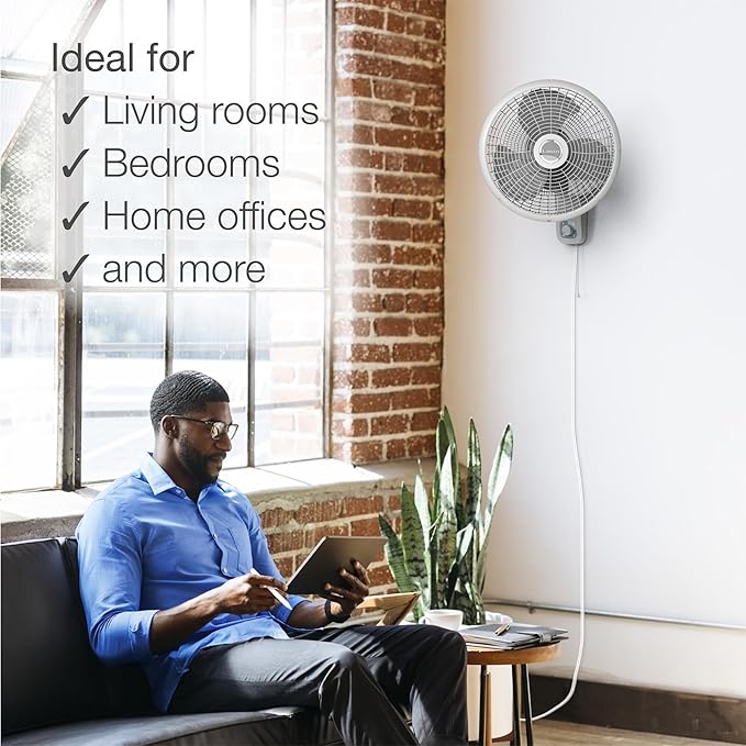 Lasko 16" 3-Speed Oscillating Wall Mount Fan for Indoor Use, M16900, Light Grey