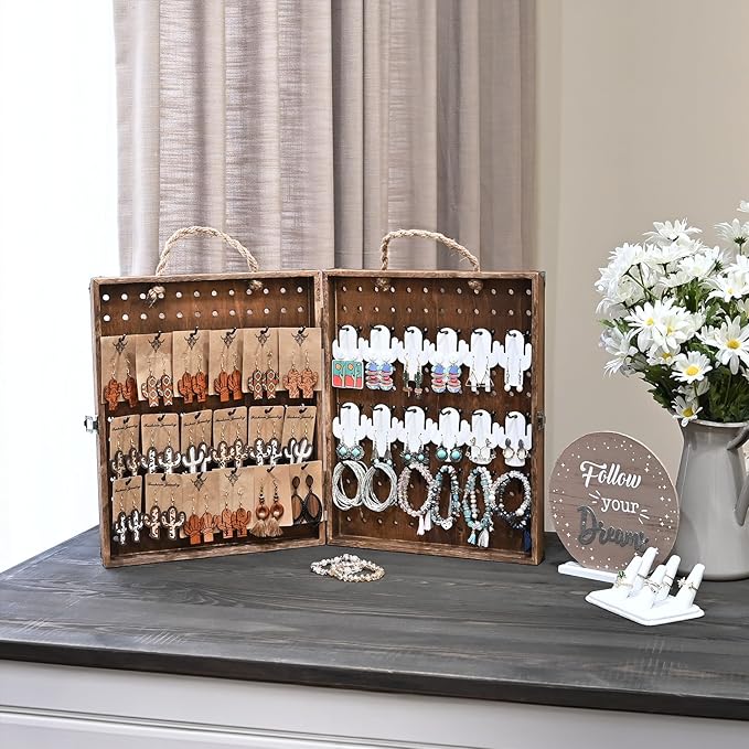 MOOCA Wooden Foldable and Portable 2 Panel Pegboard Jewelry Display Organizer with 48 Removable Black Metal Hooks & Convenient Rope Handle for Easy Carrying, Dual-Sided Panels for Hanging, Brown Color