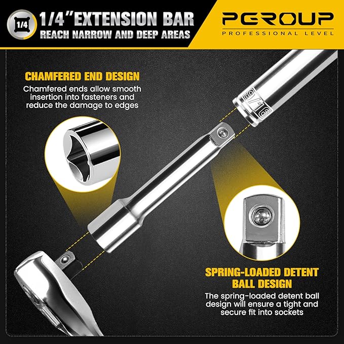 1/4-Inch Drive Ratchet Wrench, 90-Tooth Quick-release Reversible Ratchet Wrench with an Extension Bar(2 inch), 5" Long Socket wrench, 4-Degree Swing, Full Polished,Cr-Mo Head For Gifting,Repairing