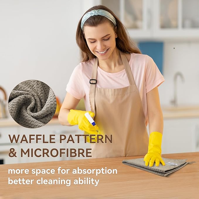 6Pcs Waffle Pattern Microfibre Glass Cleaning Cloth with Lanyard, 340GSM, Lint Free Glass Cloth for Polishing Mirrors Stainless Steel, All-Purpose Microfiber Towels(Khaki, 30 x 30 cm)