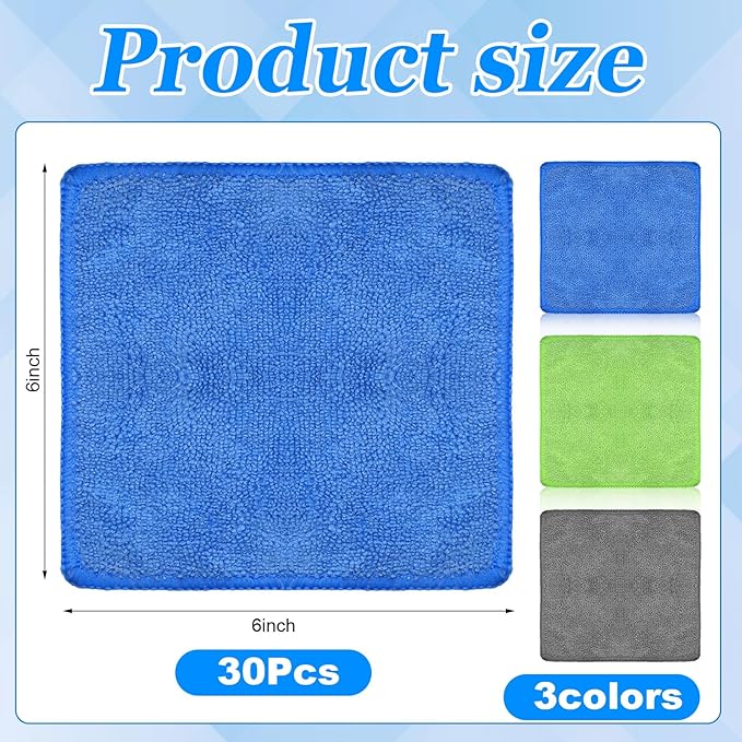 Tanlade Microfiber Cleaning Cloth 6"x6" Cleaning Rags Reasonable Kitchen Towels Microfiber Towels Cars Wash Dry Erase Cloth(Gray/Green/Blue,30 Pcs)