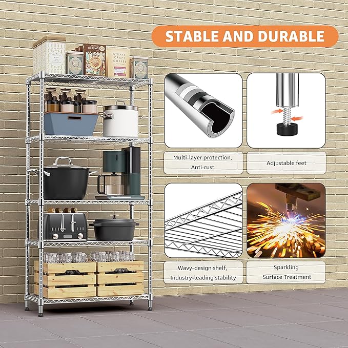 MZG 1750 lbs 5 Tier Storage Rack Metal Wire Shelving Unit, Storage Standing Household Shelf Organizer for Kitchen Pantry Closet Garage Basement Utility Room, Chrome 15.7" D x 45.3" W x 70.4" H