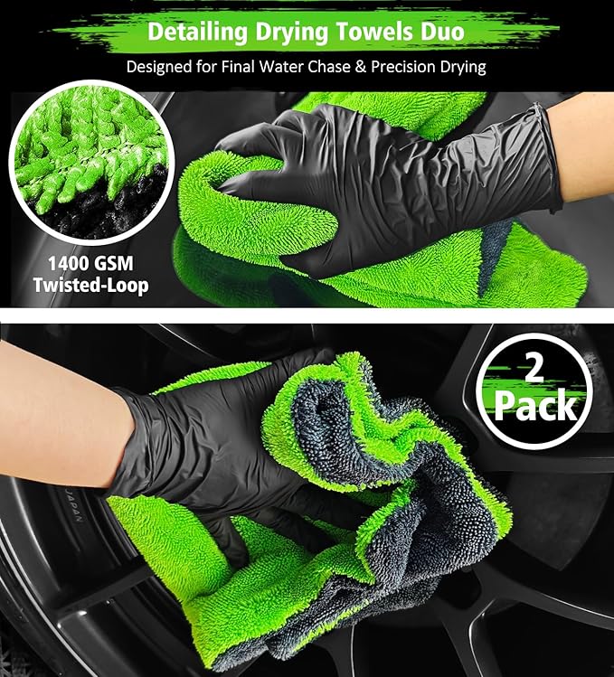 YeewayVeh 2-Pack 16"x16" Car Detailing Drying Towels, 1400 GSM Microfiber Drying Towels, for Final Water Chasing, Safe Drying of Gaps, Mirrors & Vehicle Interiors, Green