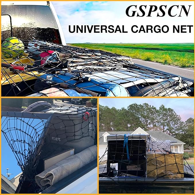 GSPSCN Cargo Net 6' x 4' for Truck Pickup Bed, Trailer,Boat,RV SUV Stretches to 12'x18' Max Roof Rack Net,Small 4”x4” Mesh Heavy Duty Bungee Cord Netting Compatible with Dodge Ram,Chevy Ford,Toyota