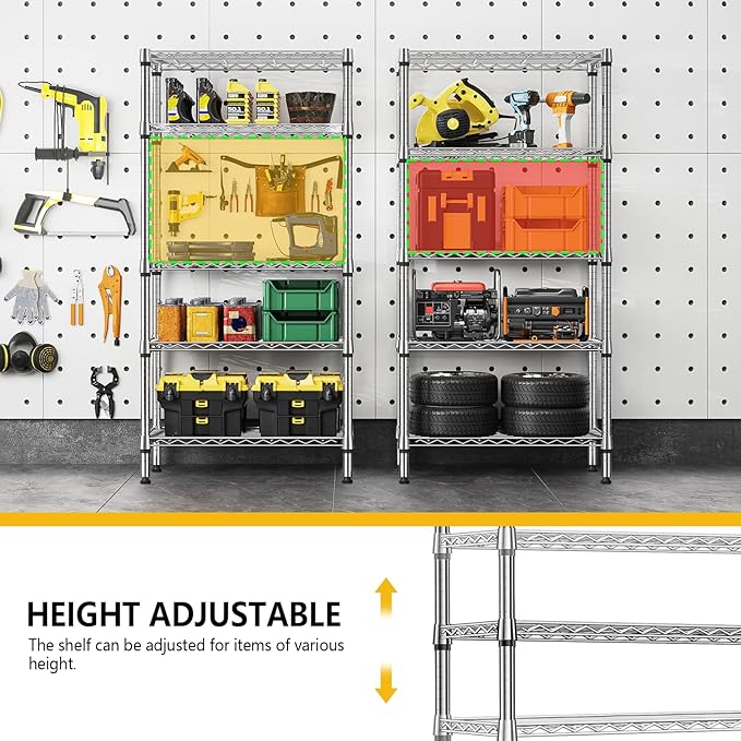 M MZG 1250 lbs 5 Tier Shelf Metal Storage Shelves Shelving Wire Rack Heavy Duty Closet Organizers for Garage Kitchen Bathroom Laundry Chrome 13.8" D x 29.5" W x 59.5" H