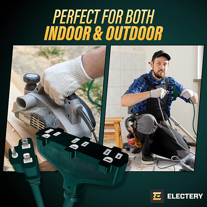 Indoor/Outdoor Extension Cord with 3 Outlets - 40 Ft Multi-Outlet 1625W Wire, 16/3 SJTW Grounded Plug - for Outside & Indoor Use, Waterproof & Weather Resistant - Green- ELECTERY ETL Listed