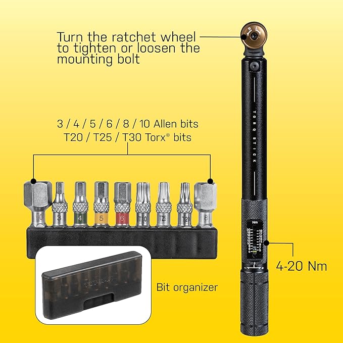 Topeak Torq Stick 4–20 Nm Torque Wrench – Adjustable Preset Torque Tool with Reversible Ratchet, 9 Long Bits (3–10 mm Allen & T20/T25/T30 Torx), +/- 4% Accuracy for Bike Maintenance & Repair