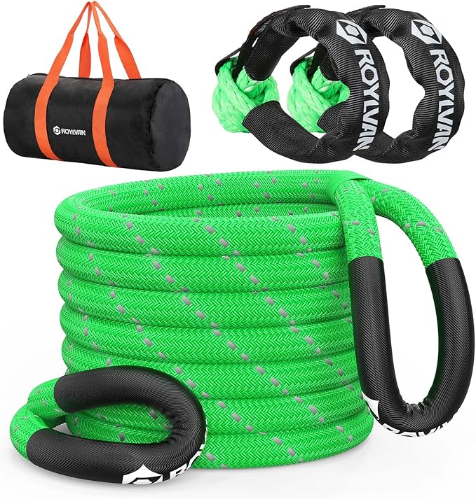 Roylvan 1" x 30ft Kinetic Recovery Tow Rope, 48800 LBS Nylon Tow Strap with 2 Soft Shackles 1/2" x 22", 30% Elasticity Heavy Duty Offroad Towing Straps Kit for Trucks, SUV, Tractor, Fluorescent Green