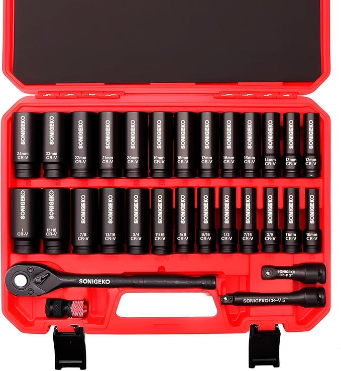 30-Piece 1/2" Drive Impact Socket Set - 6 Point Deep SAE & Metric CR-V Steel Sockets with 3", 5"Extension Bar,Ratchet Wrench,and Bit Adapter(1/2" 30 PCS Socket Set,Metric and SAE)