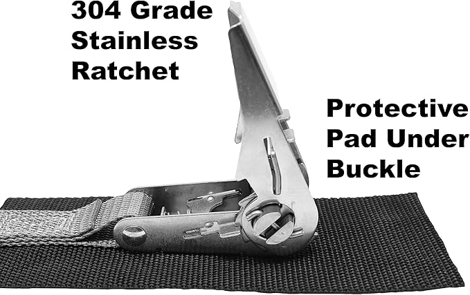 1 Inch Stainless Steel Ratchet Strap, Protective Pad Under Buckle Stainless Steel Carabiner Clip with Grommet On Each End, Fixed End Strap, Total Strap Length 8 Ft