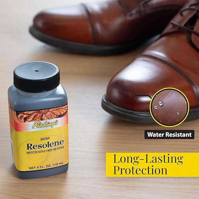 Fiebing's Acrylic Resolene (4 oz) - Protective Acrylic Leather Finisher - Glossy Finish Top Coat for Dyed & Polished Leathercraft - Flexible, Durable, Water Resistant for Boots, Couch, Purse (Brown)