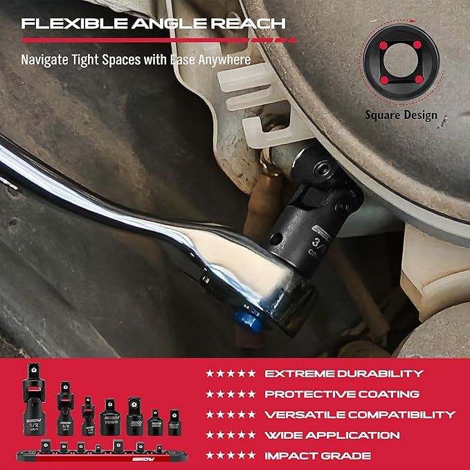 Universal Joint Socket Reducer: 7-Piece Impact Wobble U Joint & Adapter Set with Magnetic Aluminum Storage Rail - Premium Cr-V Steel 1/4", 3/8" & 1/2" Drive