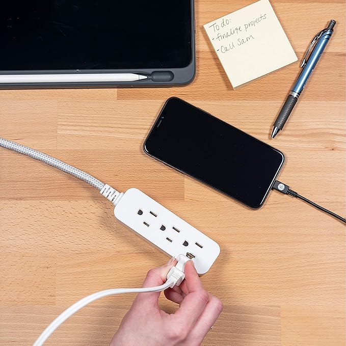 GE Designer 3-Outlet Power Strip, 1 Ft Braided Extension Cord, 3 Grounded Outlets, Flat Plug, Mini Cord, Premium, White, 45190 (Pack of 12)