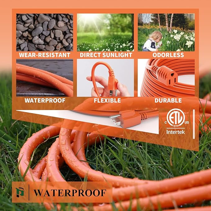 Outdoor Extension Cord 20 FT Waterproof, 16/3 Gauge Heavy Duty 3 Prong Extension Cord, 13A 1625W SJTW, ETL Listed, Great for Garden and Home, Orange