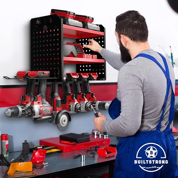 BUILTSTRONG Power Tool Organizer-6 Drill Holder Wall Mount, 3 Tier Heavy-Duty Hand Tool Storage Rack, Utility Racks, Drill Holder, 2 Pegboard Sides - Garage Storage Cordless Tool Organizer (Red)