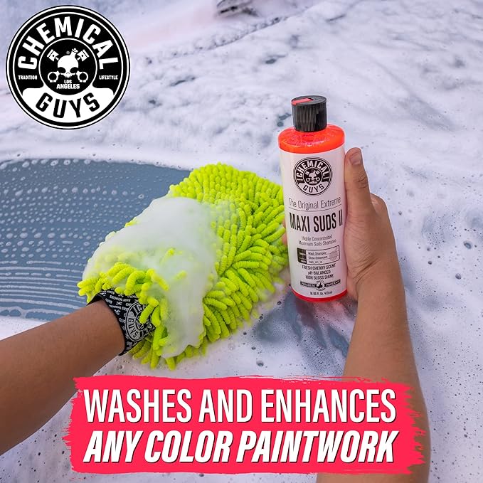 Chemical Guys CWS_101_64A Car Wash, Dry & Shine Bundle - Maxi-Suds II Foaming Car Wash Soap, 64 oz (Half Gallon), Cherry Scent + After Wash Gloss Boosting Drying Aid (16 oz) (2 Items)