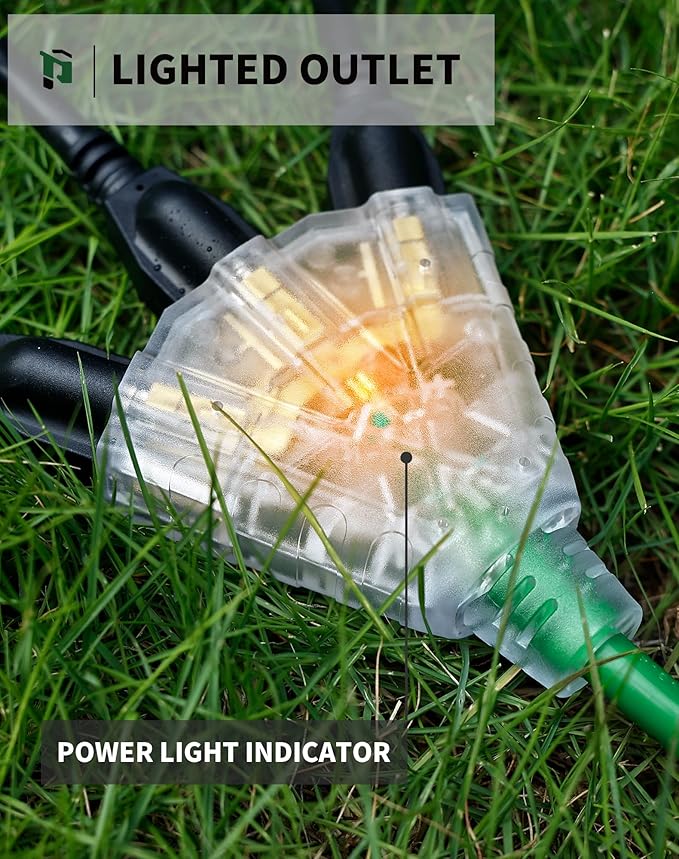6Ft 12/3 Outdoor Extension Cord with 3-Outlets, Heavy Duty 12 Gauge 3 Prong Extension Cord Waterproof with Lighted end, 15A 12AWG 1875W SJTW, ETL Listed - Great for Garage, Garden and Home, Green