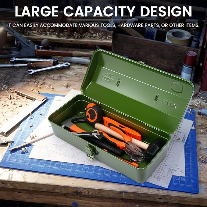 15 Inch Metal Tool Box with Lock - Portable Heavy Duty Workshop Tool Storage Case with Handle, Locking Hardware Organizer Box for Tools, Screws & Parts (Green)