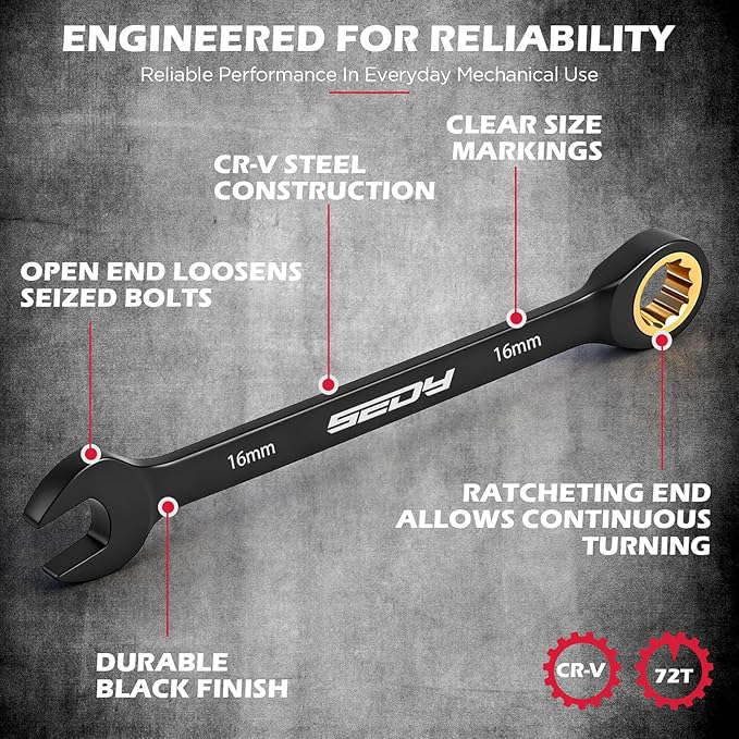 Premium 24-Piece Ratcheting Wrench Set, SAE(1/4-7/8") & Metric(8–19mm) Combination Wrenches, 72-Tooth CR-V Steel with Durable Black Finish, Ratchet Spanners with Roll-Up Tool Pouch for Repair