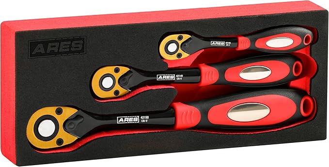 ARES 42147-3-Piece 72 Tooth Offset Ratchet Set - Chrome Vanadium Tools, Offset Handles - Quick Release for Easy Socket Change - Reversible Design - 5 Degree Swing – Automotive Ratchet Set
