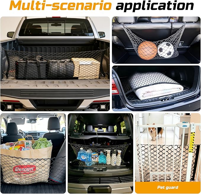 Truck Bed Cargo Net, 49" x 18" (Stretches to 59" x 18'') Envelope Style Organizer, Fits Ford F150, Chevy Silverado, RAM 1500, GMC Sierra, Heavy Duty Mesh with 4 Metal Carabiners for Groceries & Gear