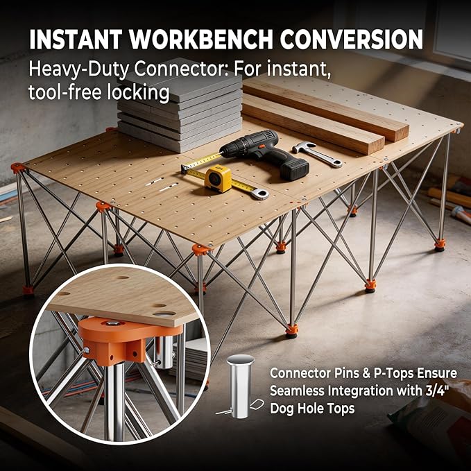 6'x4' Heavy Duty Portable Folding Workstand - 4,500 lbs Capacity Collapsible Workbench with Thickened Legs, Round Steel X-Braces & 4" Adjustable Leveling Feet - Instant Setup for Jobsite & Garage