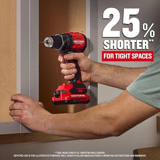 CRAFTSMAN V20 BRUSHLESS RP Compact Drill/Driver, Variable Speeed Trigger, Built In LED, Includes Battery and Charger (CMCD714D1)