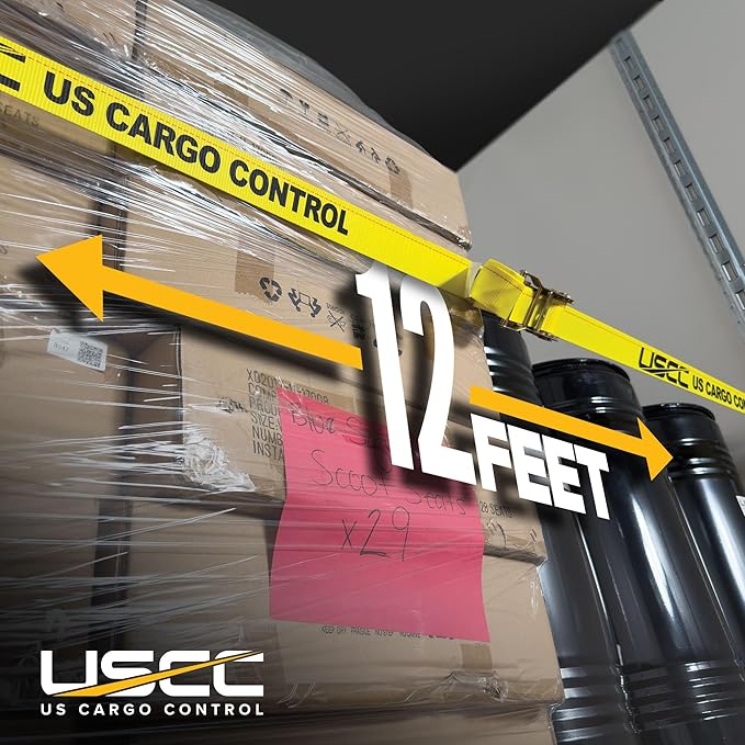 US Cargo Control E Track Straps 2" x 12' (2-Pack), 4,400 LBS Break Strength, Yellow Heavy Duty E Track Ratchet Straps with 4' Fixed End and Spring E-Fittings, Logistic Tiedowns for Box Trucks, Vans