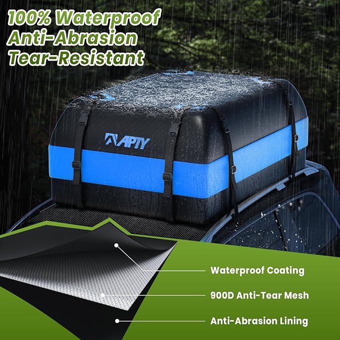 APTY Car Rooftop Cargo Carrier Bag, 16 Cubic Feet Soft Roof Top Luggage Bag for All Vechicles with/Without Racks - with Waterproof Zip, Anti-Slip Mat, Door Hooks, Luggage Lock, Storage Bag