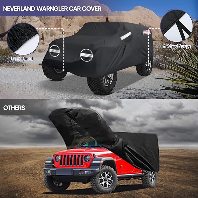 NEVERLAND Car Cover for Jeep Wrangler 2 Door Waterproof Car Covers, All Weather Protection Jeep Sun Rain Protection for Wrangler 2 Door Fits JK JL 2007-2025 Outdoor Covers Black with Door Zipper