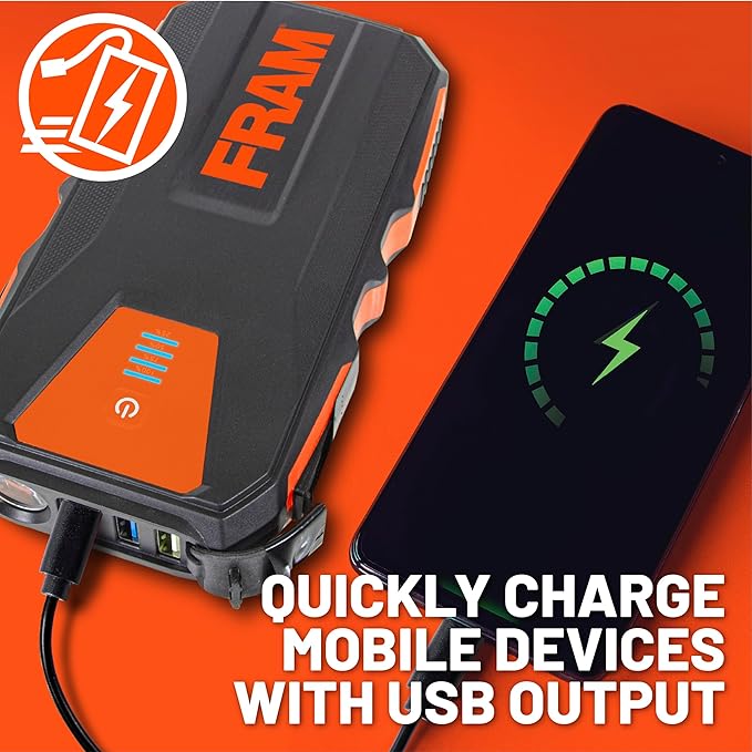FRAM FEK40008 Car Battery Jump Starter 12000mAh (44.4Wh) Up to 5.0L Gas and 2.0L Diesel Engines, 12V Emergency Car Booster with Jumper Cables, Portable Power Bank and LED Flashlight