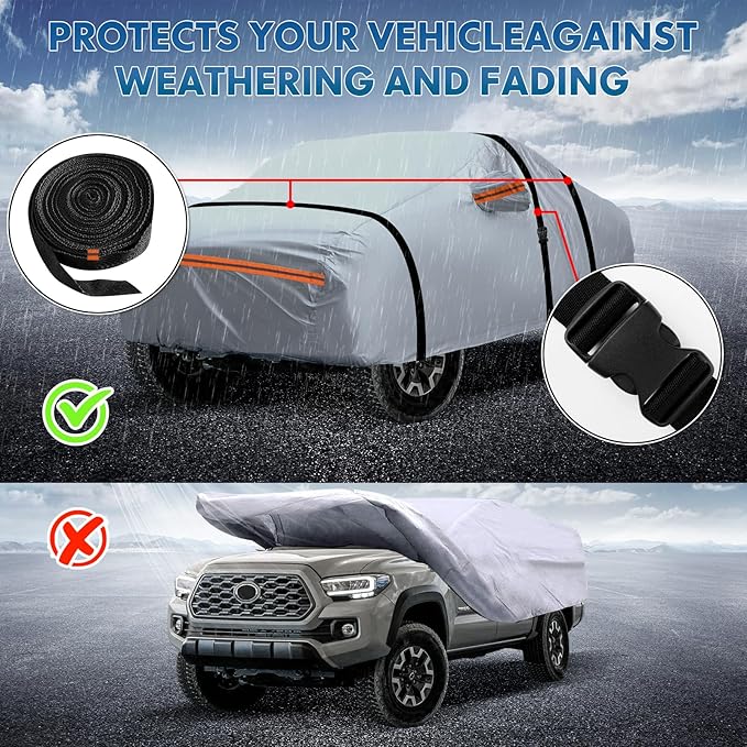 KEYOOG Fit for 198"-220" Length Pickup, 6-Layer Full Car Cover is All-Weather Waterproof, Universal in All Seasons, Snow Prevention, Rainproof, Acid Rainproof, Sunscreen, Orange Reflective Strip
